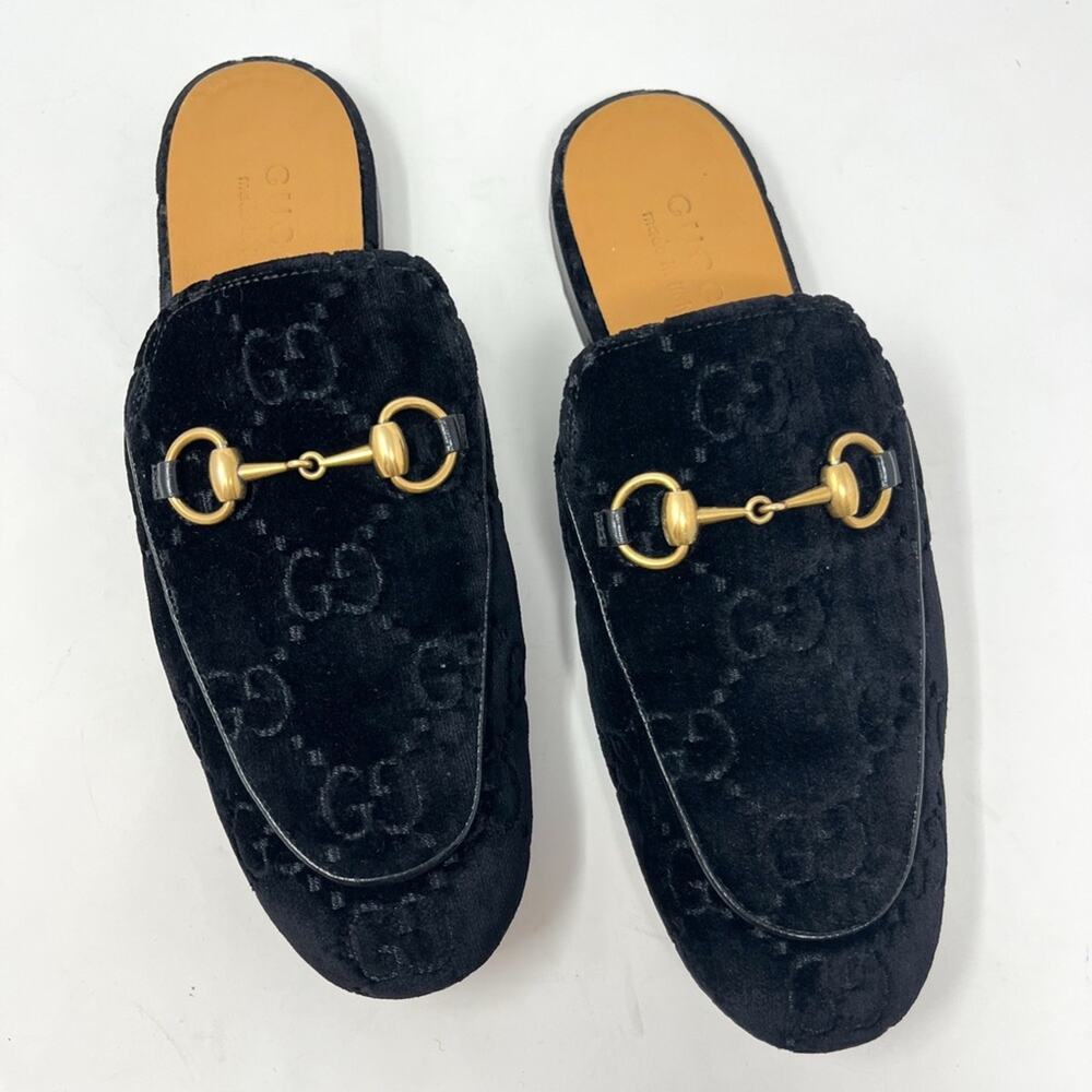 Gucci Princetown GG Monogram Embossed Black Velvet Horse Bit 6 Men / 8 Women